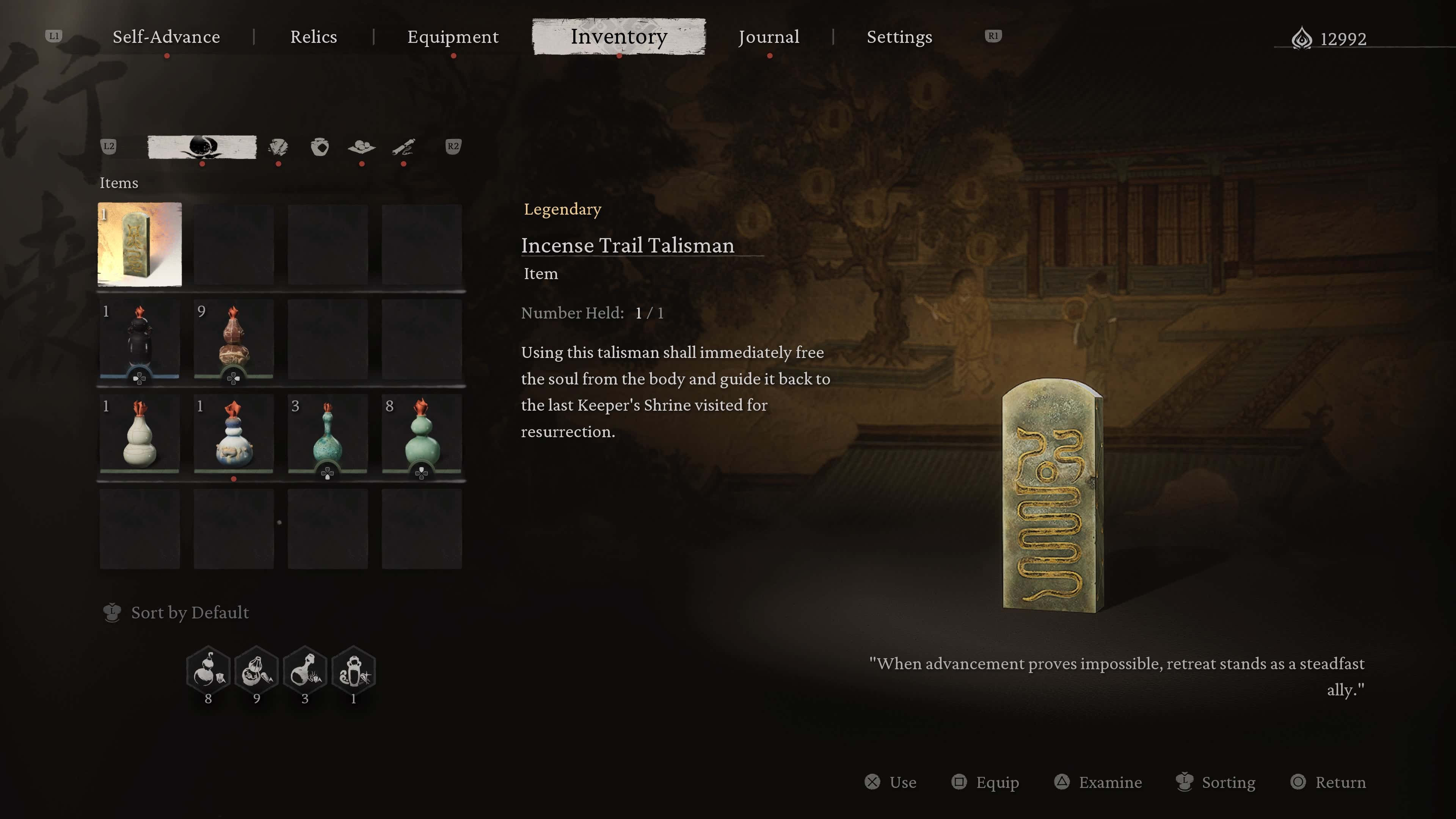 The menu screen shows the Amulet item highlighted in the character's inventory.